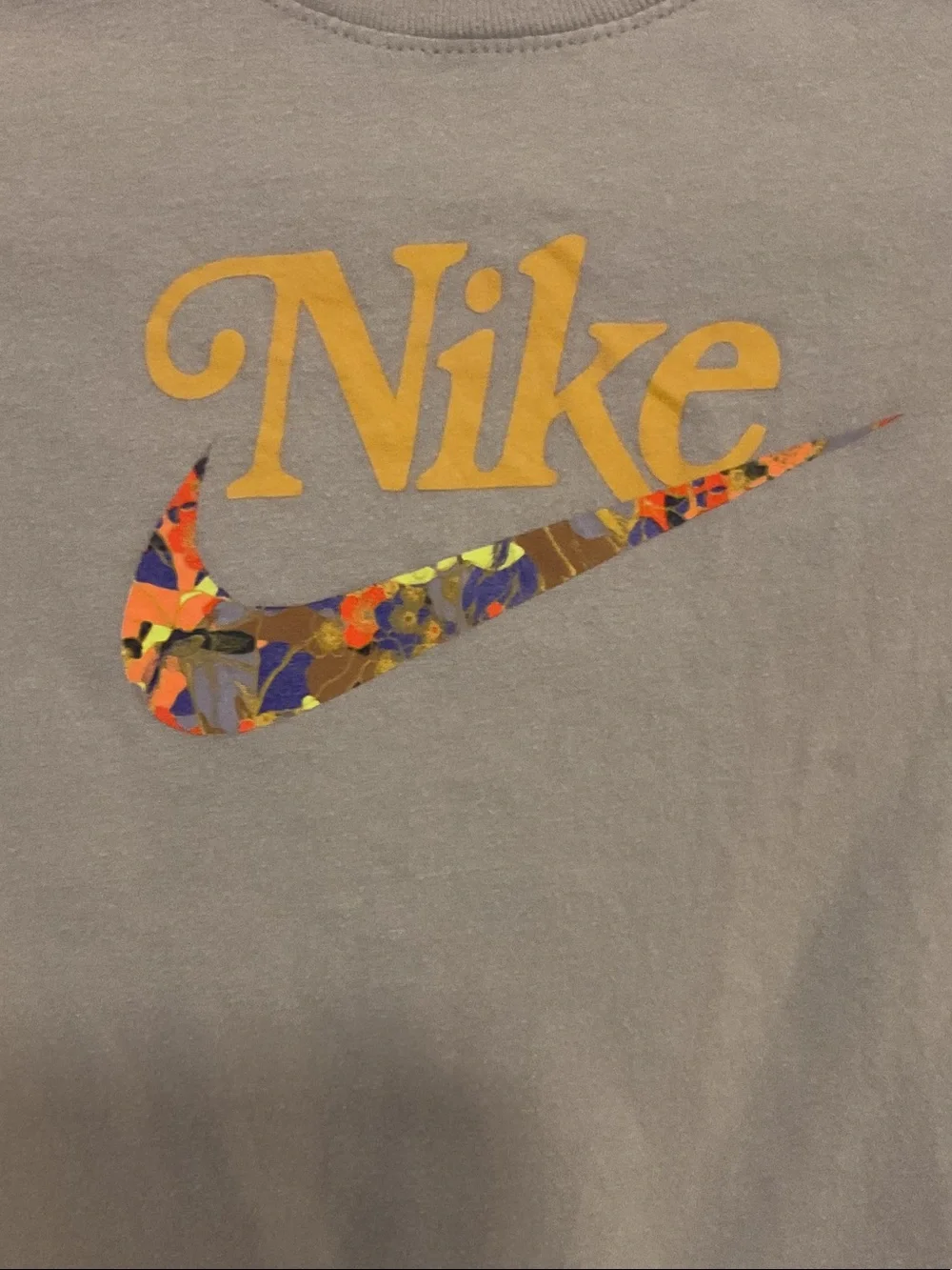 Nike Kids size small Lavender Tee with Gold Logo and Multicolor Swoosh